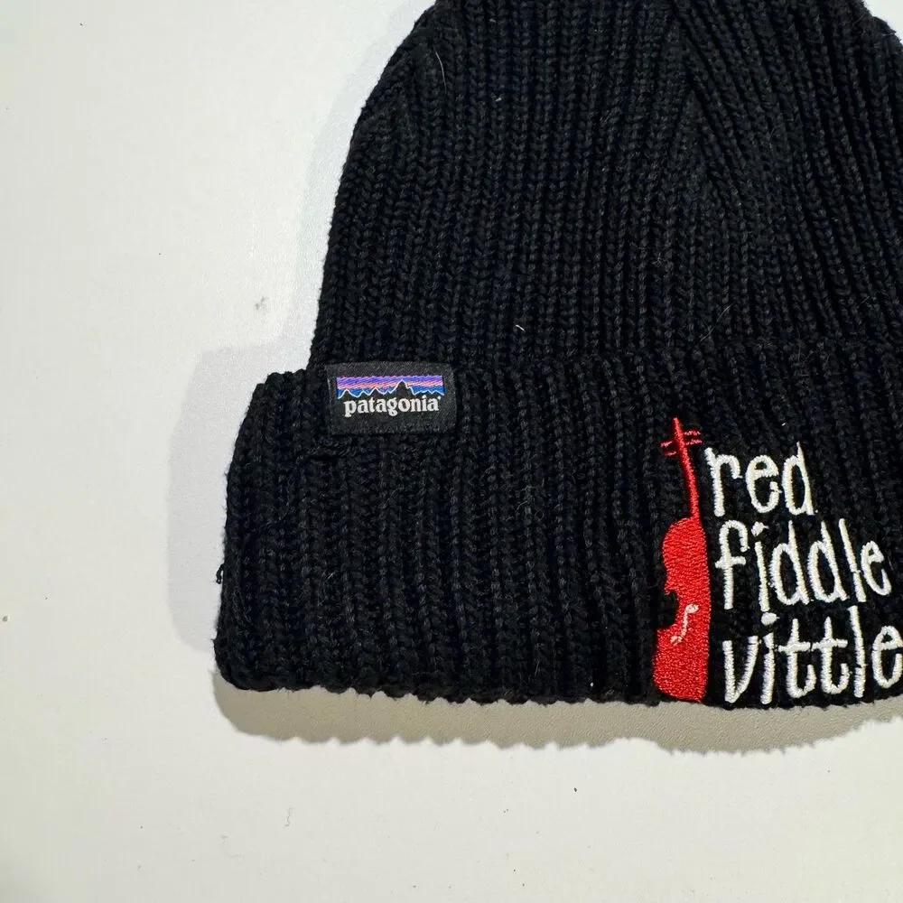 Patagonia Black Ribbed Knit Beanie Red Fiddle Vittles Embroidered Hat